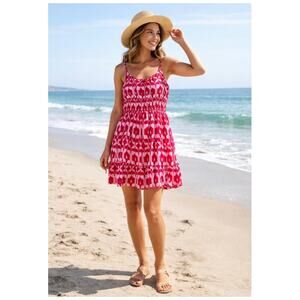 LOFT Beach Ikat Linen Strappy Smocked Tiered Sundress Mini Pockets S Pink Red